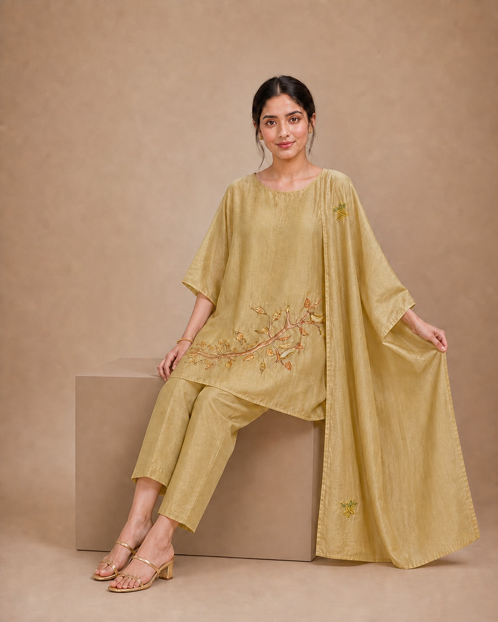 Seated view of the Taru solder-beige co-ord suit, with the narrow bottom and stole drape visible beside the front appliqué