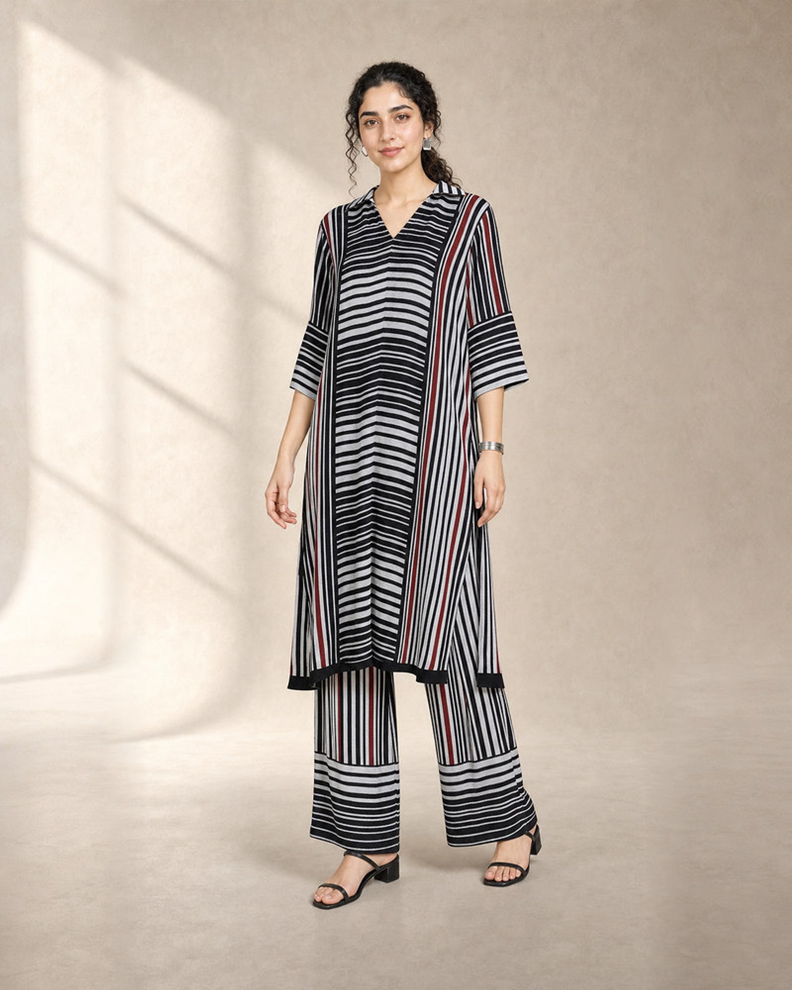 Tirya: Black, White & Red Striped Co-ord Suit – hero front