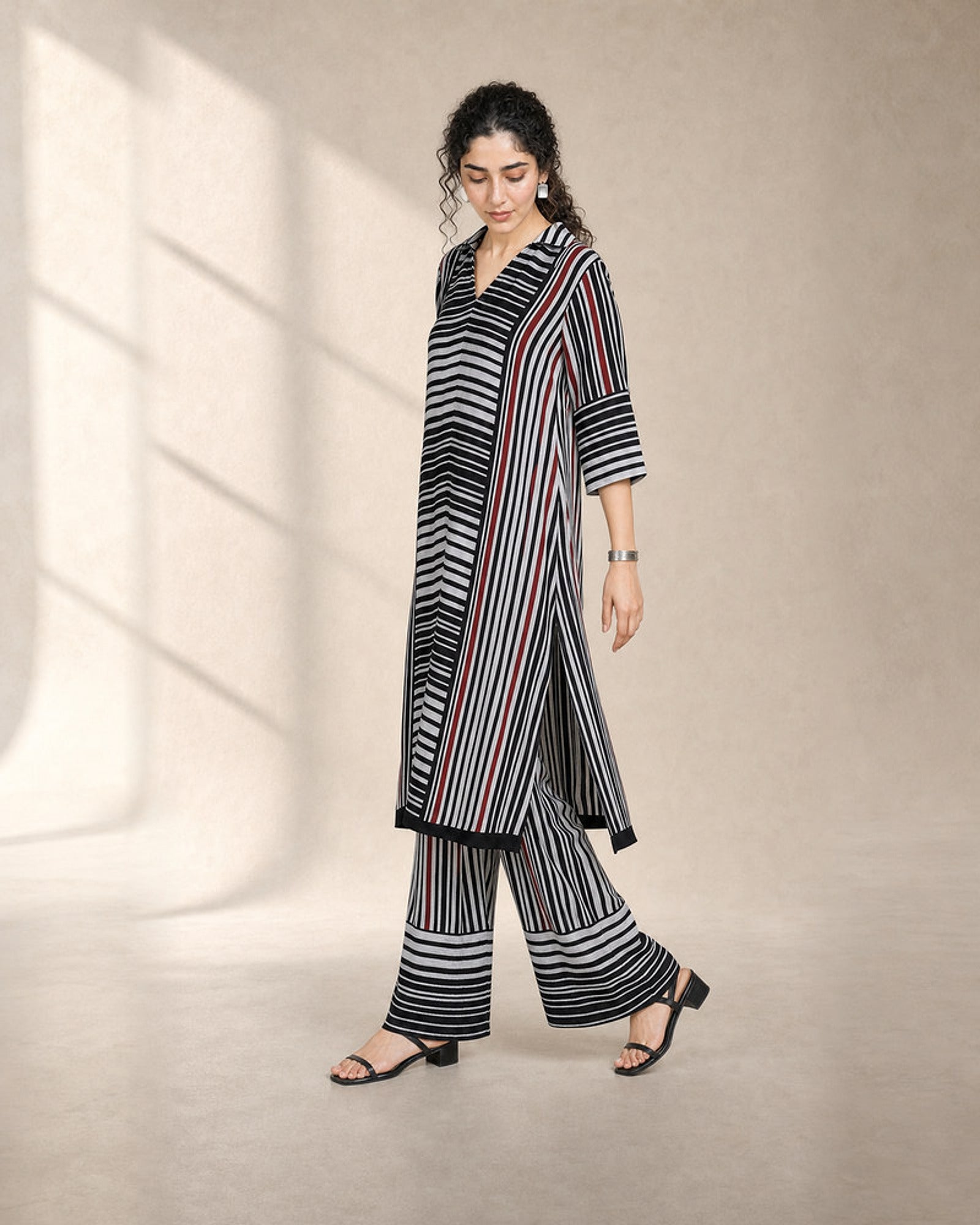 Tirya: Black, White & Red Striped Co-ord Suit – profile or documented back