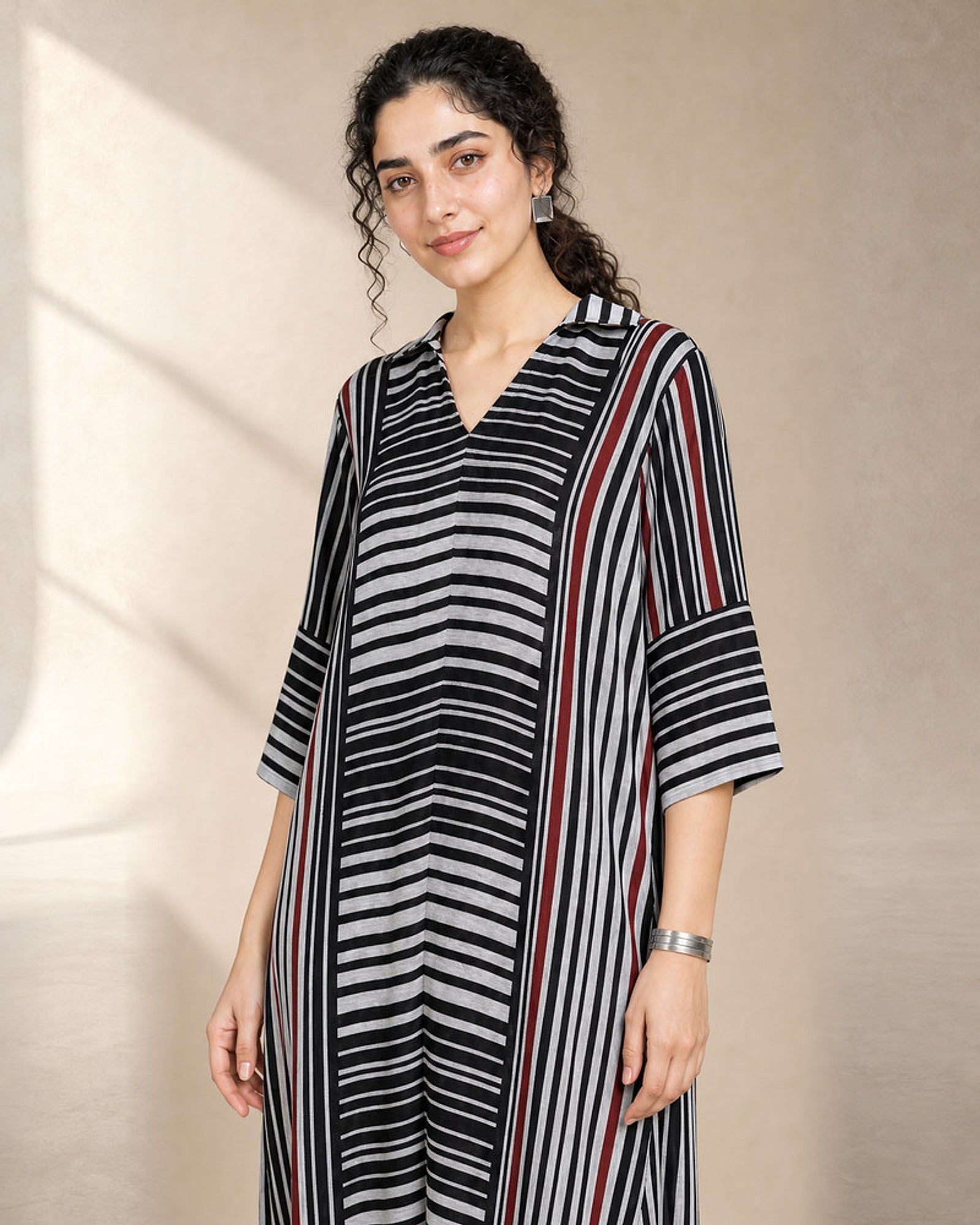 Tirya: Black, White & Red Striped Co-ord Suit – embellishment close-up