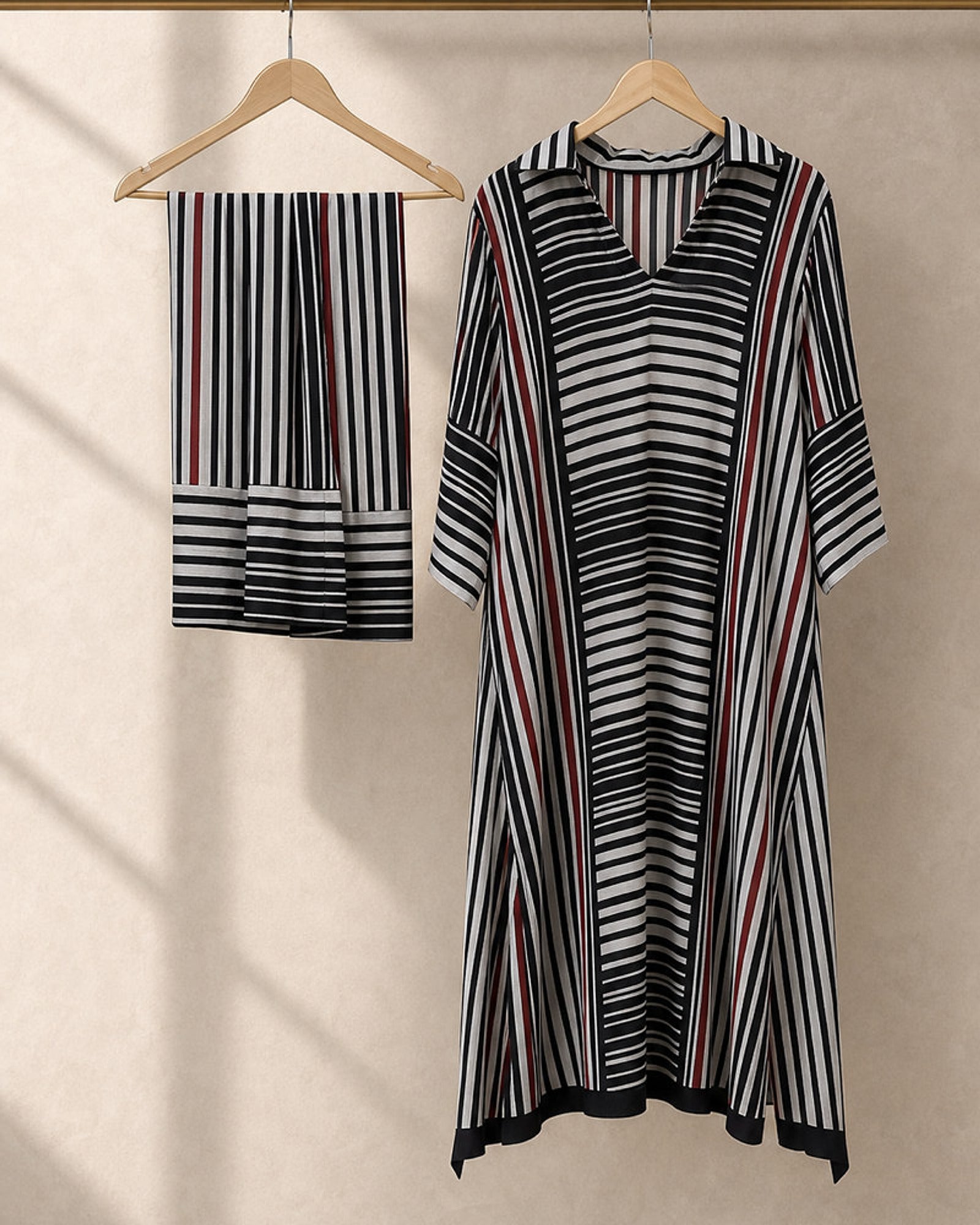 Tirya: Black, White & Red Striped Co-ord Suit – refined hanger packshot