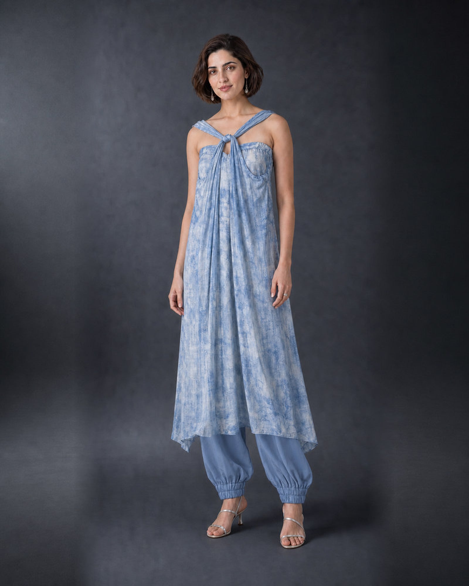 Tisya: Pastel Blue Tie-Dye Indo-Western Dress Set – hero front