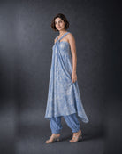 Tisya: Pastel Blue Tie-Dye Indo-Western Dress Set – standing profile view