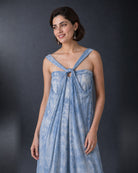 Tisya: Pastel Blue Tie-Dye Indo-Western Dress Set – off-shoulder neckline and tie-dye drape close-up
