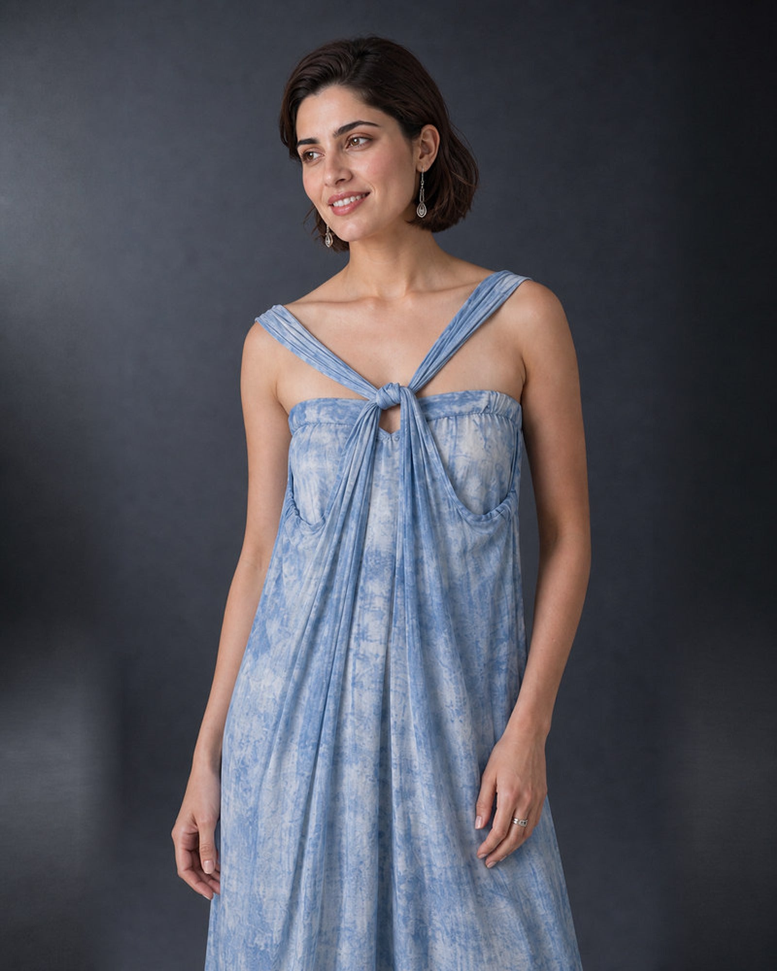 Tisya: Pastel Blue Tie-Dye Indo-Western Dress Set – off-shoulder neckline and tie-dye drape close-up