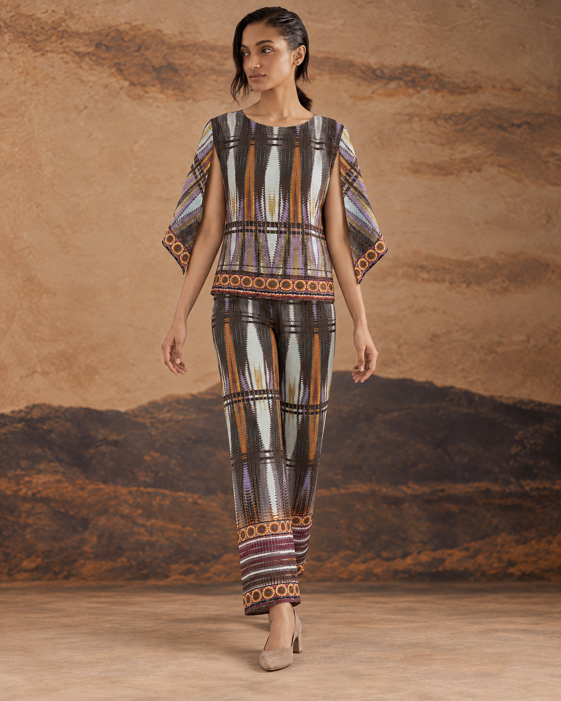 Aroha by House of Somarra — Full-length front view of the mosaic-print co-ord set.