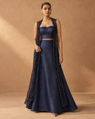 Nilaya navy metallic bustier, long skirt and lace overlay, front view