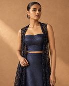 Nilaya navy metallic bustier with lace overlay, upper-body view