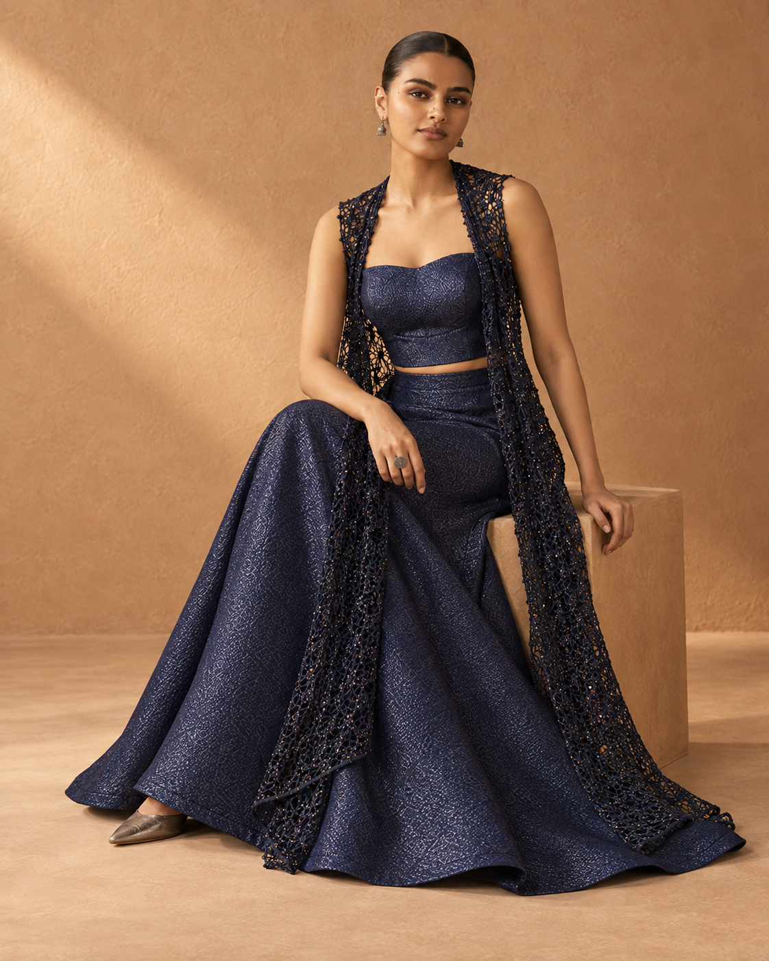 Nilaya navy bustier, flowing skirt and lace overlay, full outfit