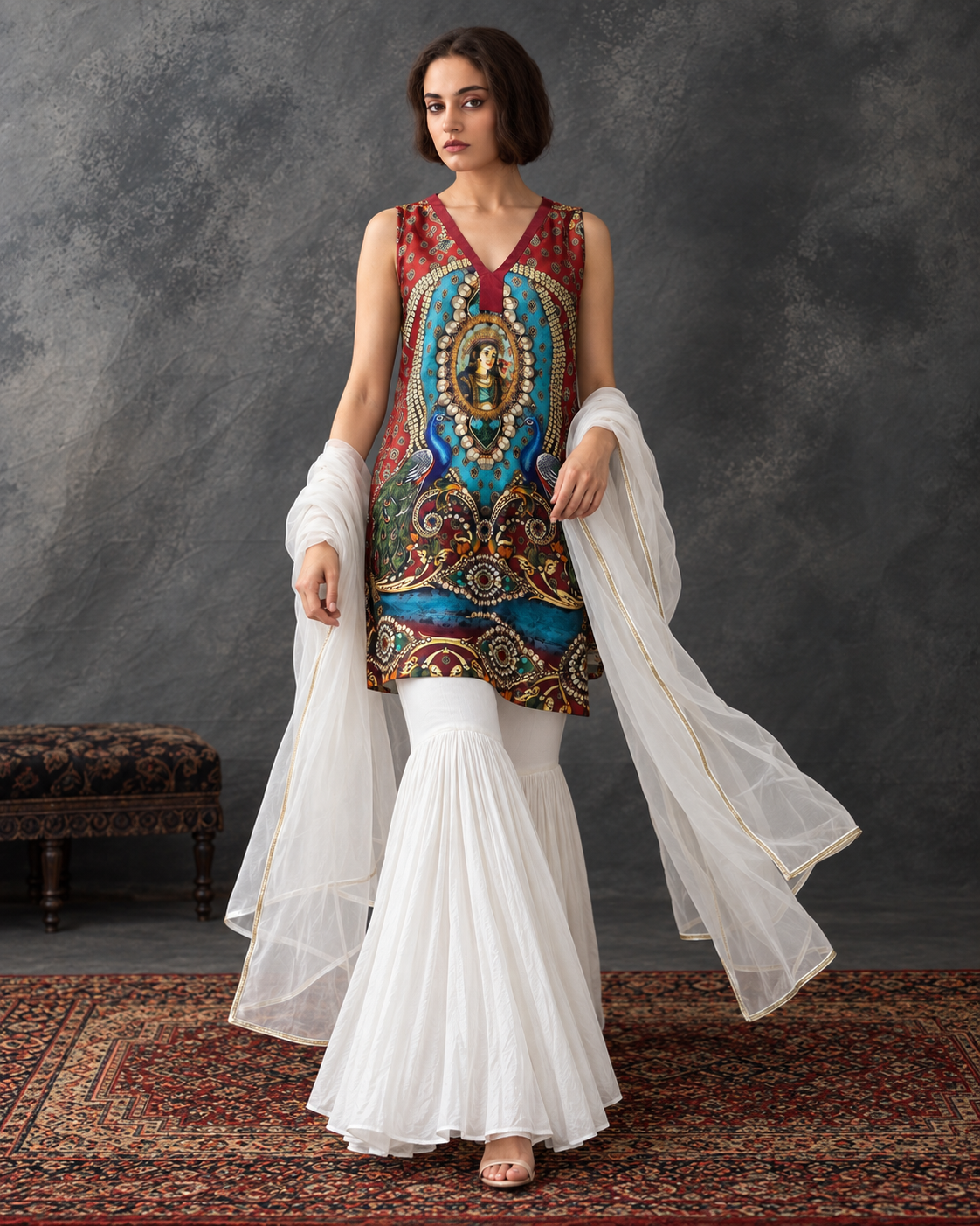Meenal by House of Somarra — Full-length view of the peacock-motif top with the stole draped at the sides.
