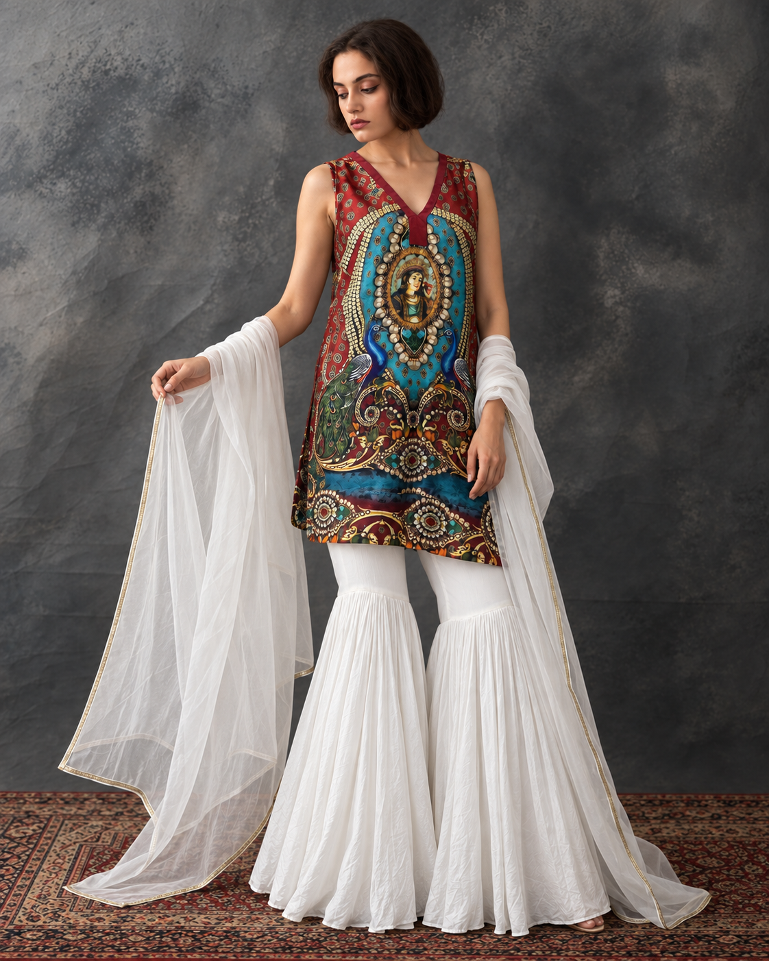 Meenal by House of Somarra — Full-length view with the sheer white stole held open.