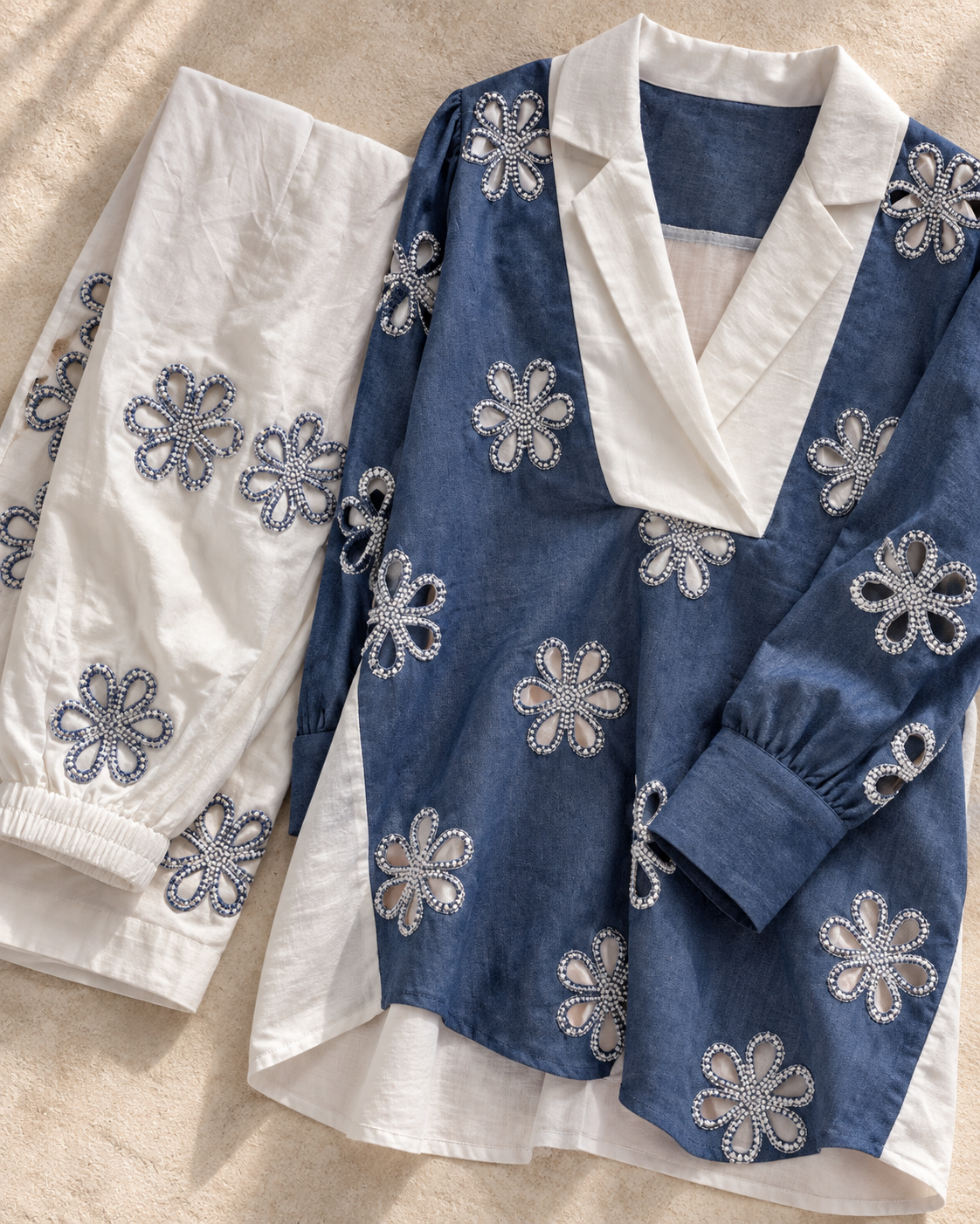 Neelakshi by House of Somarra — Close-up of the floral cutwork and wide white collar.
