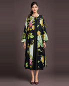Front view of the Vanika black botanical-print pure modal-satin front-open midi dress with a plain black coverage inner