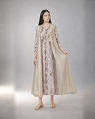 Varnika floral khadi kurta and golden tissue shrug – shrug drape gesture