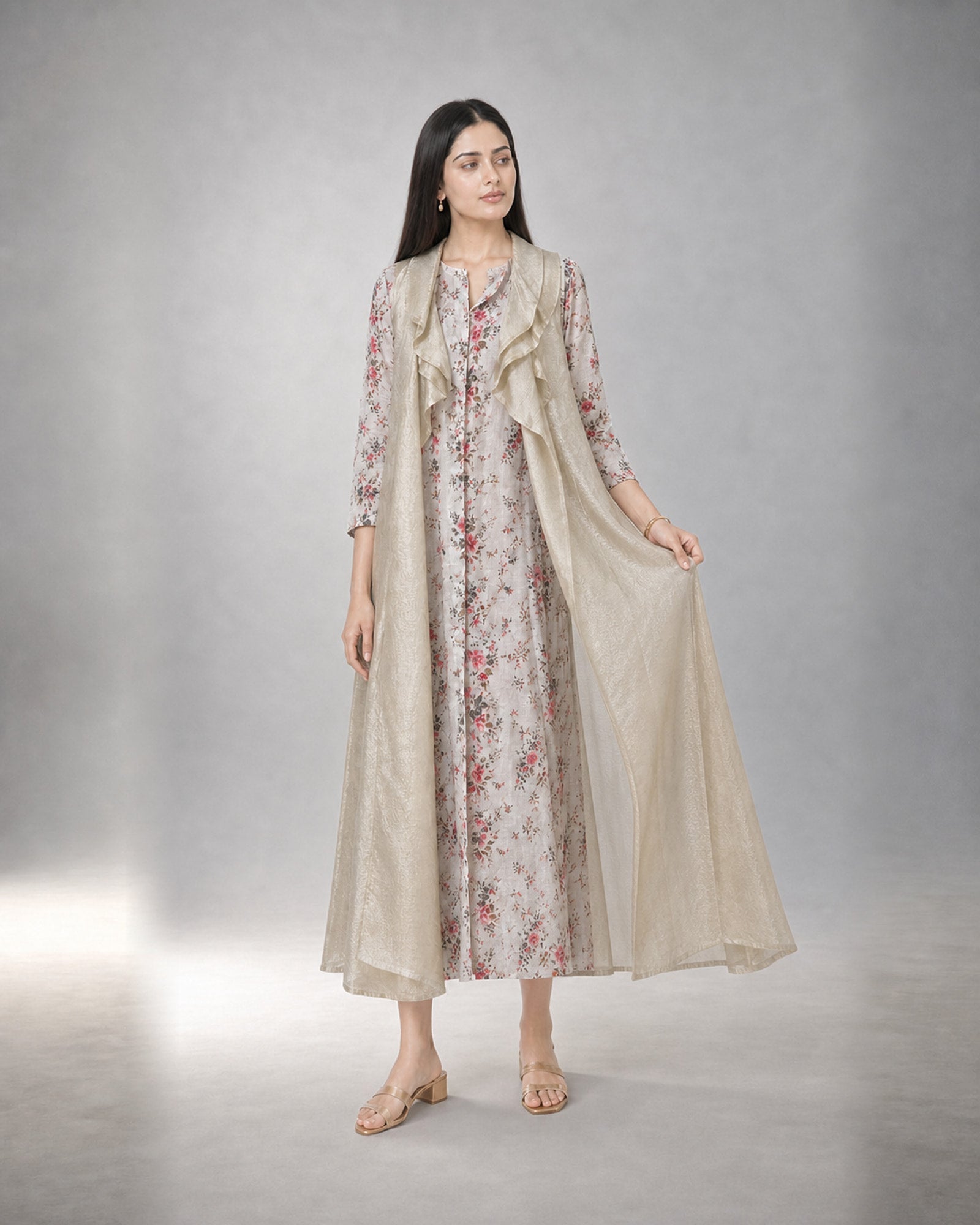 Varnika floral khadi kurta and golden tissue shrug – shrug drape gesture
