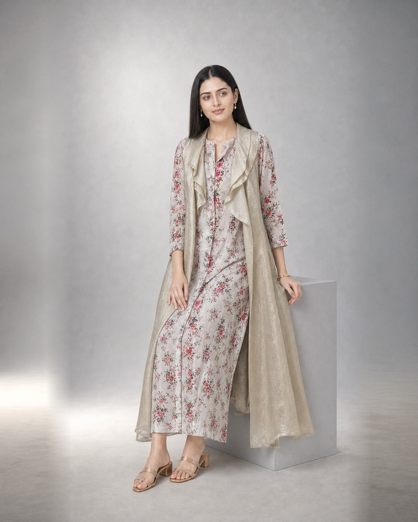 Varnika: Floral Khadi Kurta & Golden Tissue Shrug – profile or documented back