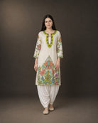 Vasantika: Ivory Botanical Embroidered Kurta & Draped Dhoti Set – hero front
