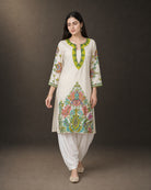 Vasantika: Ivory Botanical Embroidered Kurta & Draped Dhoti Set – controlled front walking view