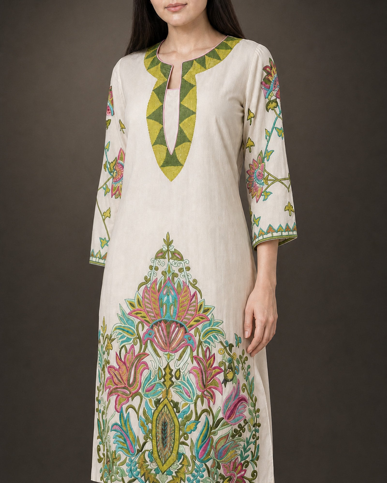 Vasantika: Ivory Botanical Embroidered Kurta & Draped Dhoti Set – botanical embroidery close-up