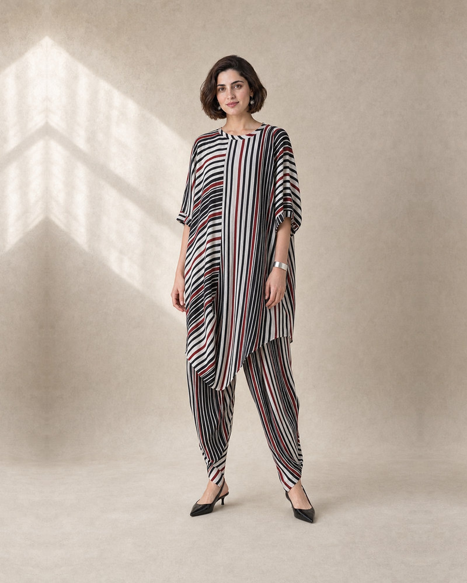 Vayra: Black, White & Red Cowled Stripe Co-ord Set – hero front