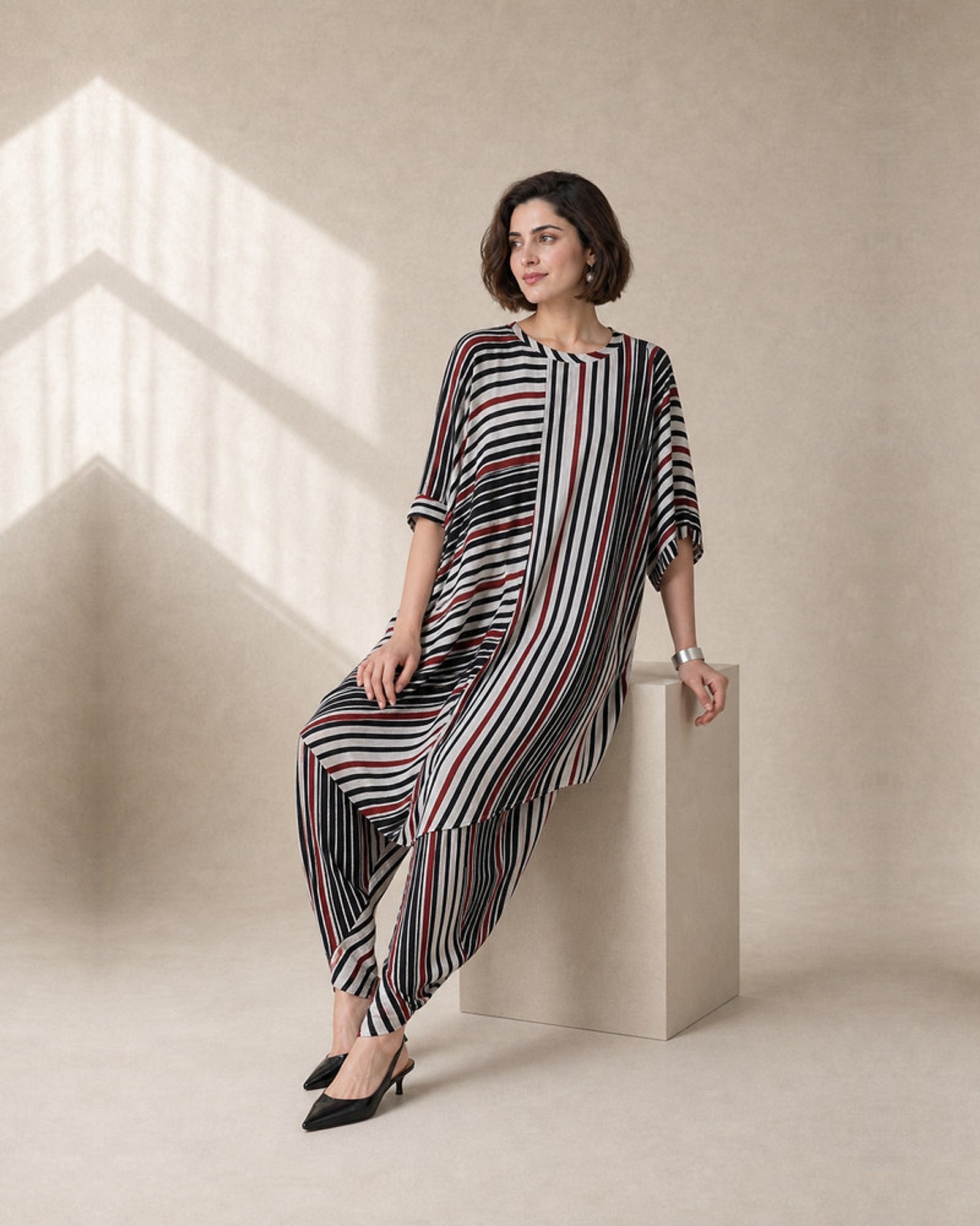 Vayra: Black, White & Red Cowled Stripe Co-ord Set – seated three-quarter
