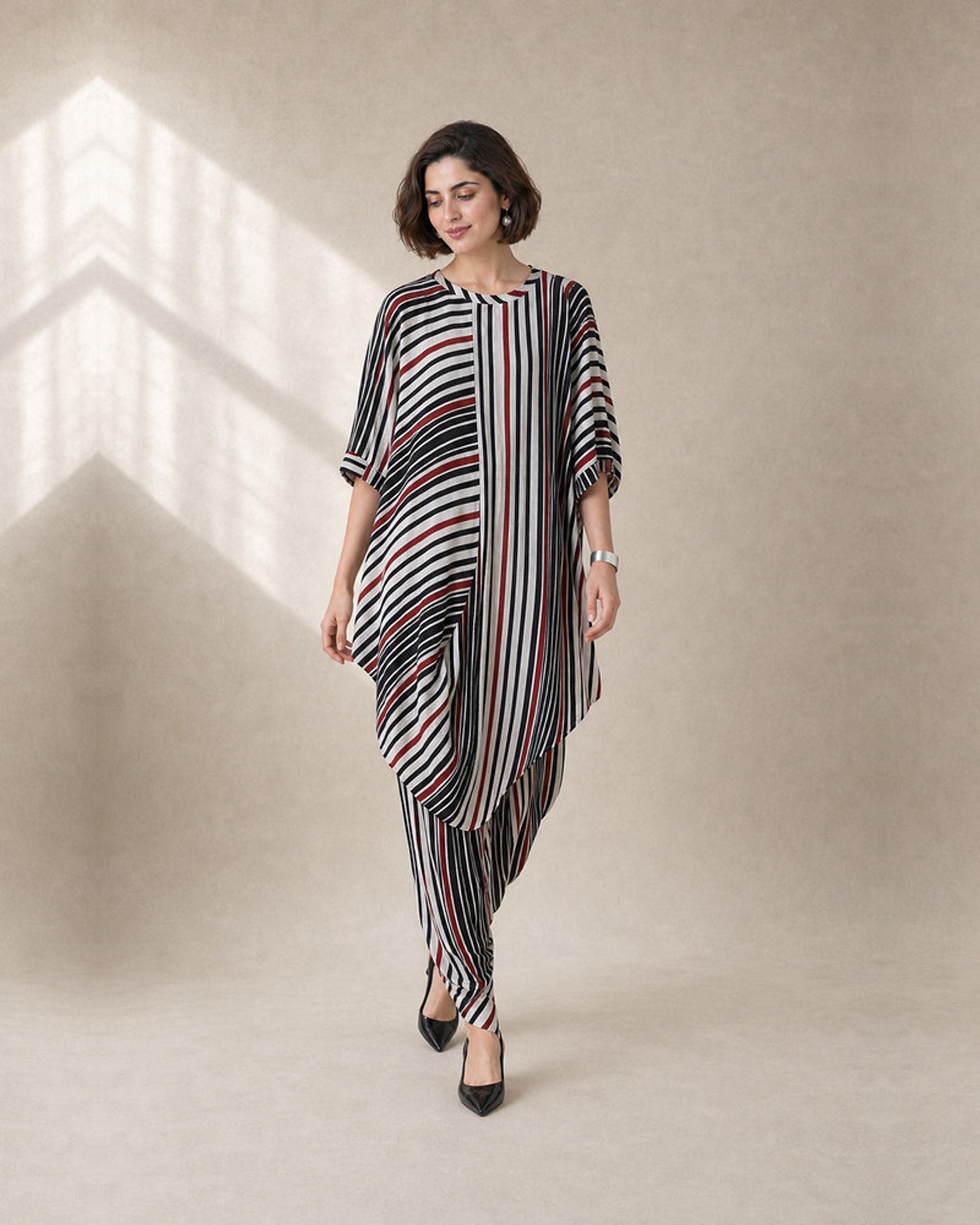 Vayra: Black, White & Red Cowled Stripe Co-ord Set – profile or documented back