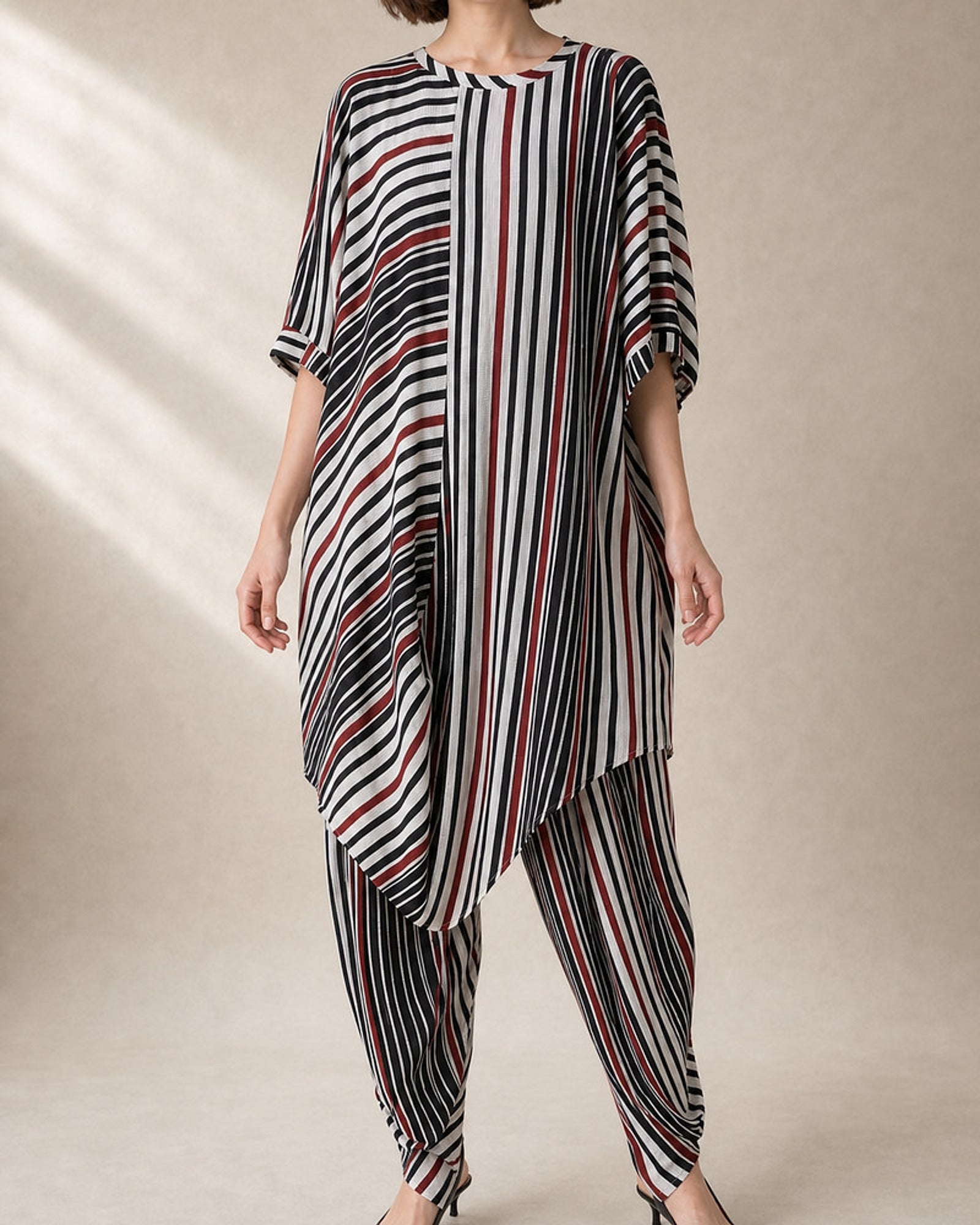 Vayra: Black, White & Red Cowled Stripe Co-ord Set – embellishment close-up