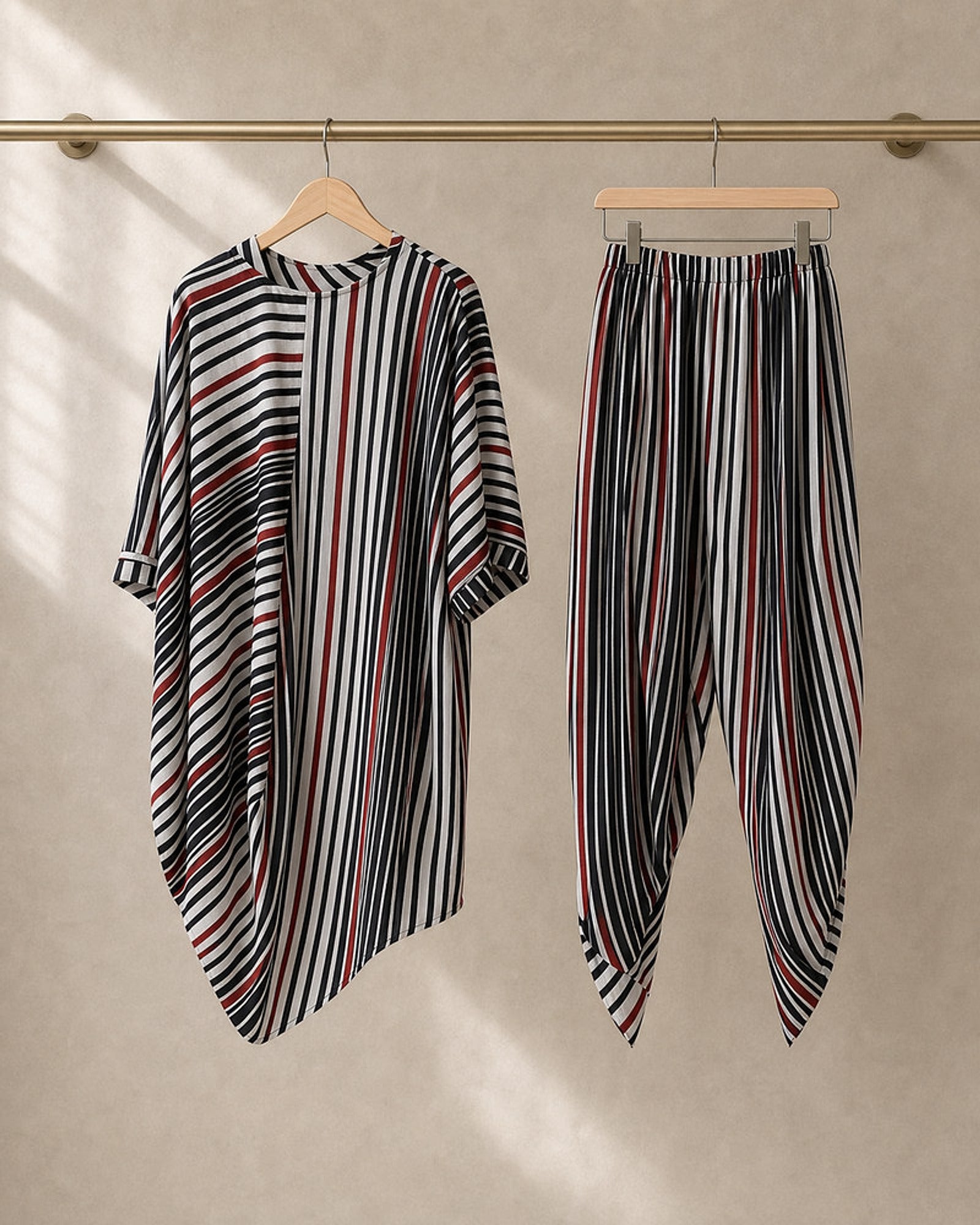 Vayra: Black, White & Red Cowled Stripe Co-ord Set – refined hanger packshot