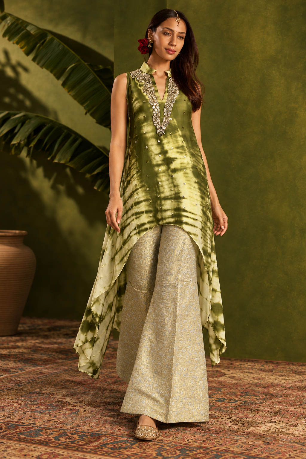 Aiza by House of Somarra — Front view of the green tie-dye tunic and pale flared trousers.