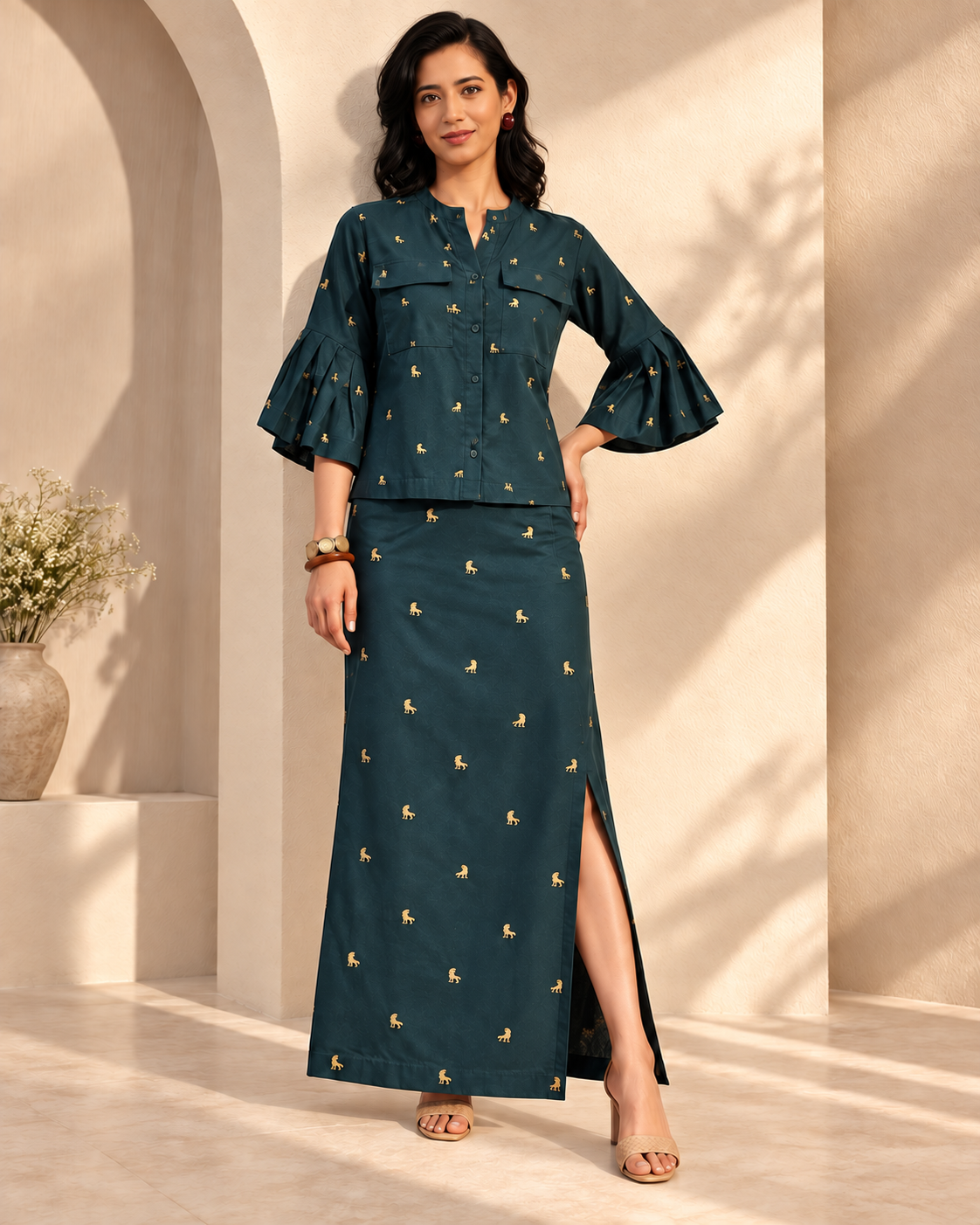 Vihaga by House of Somarra — Front view of the dark green tunic and long skirt with small dinosaur motifs.