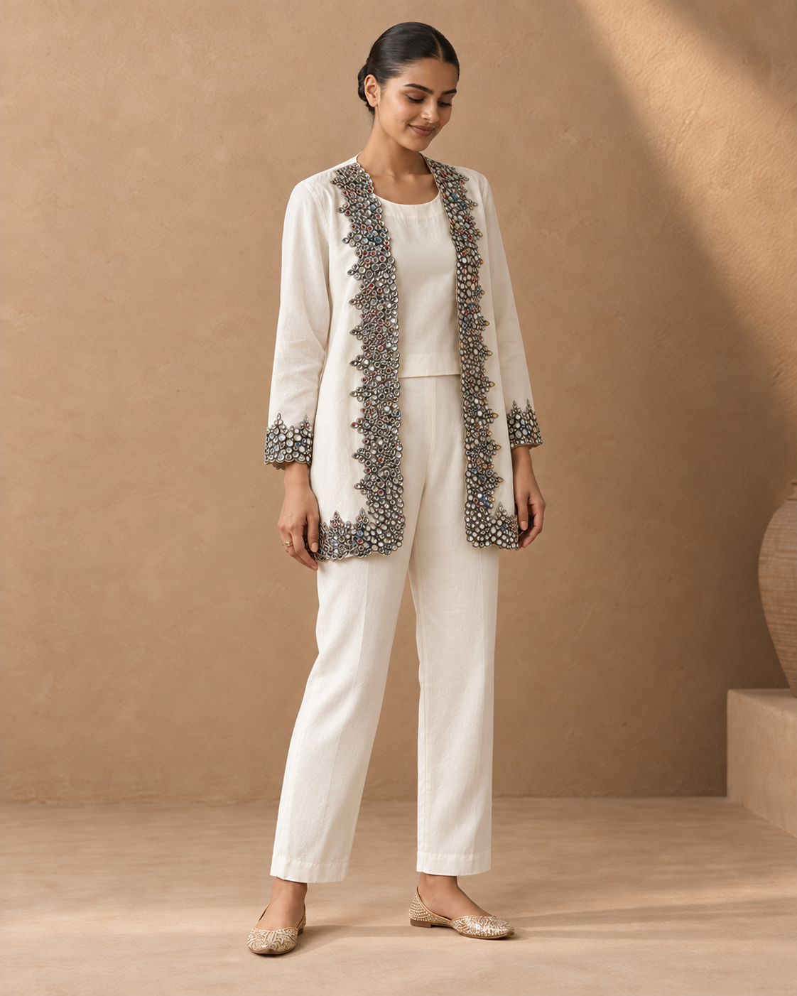 Aaina by House of Somarra — Full-length view showing the straight ivory trousers and open jacket.