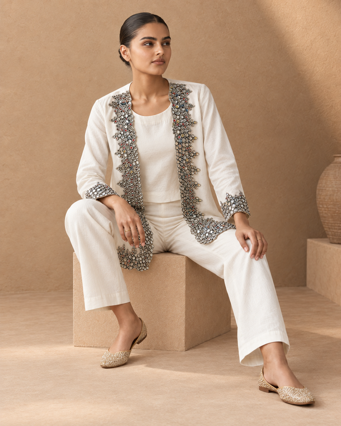 Aaina by House of Somarra — Seated view showing the matching trousers and embellished jacket.