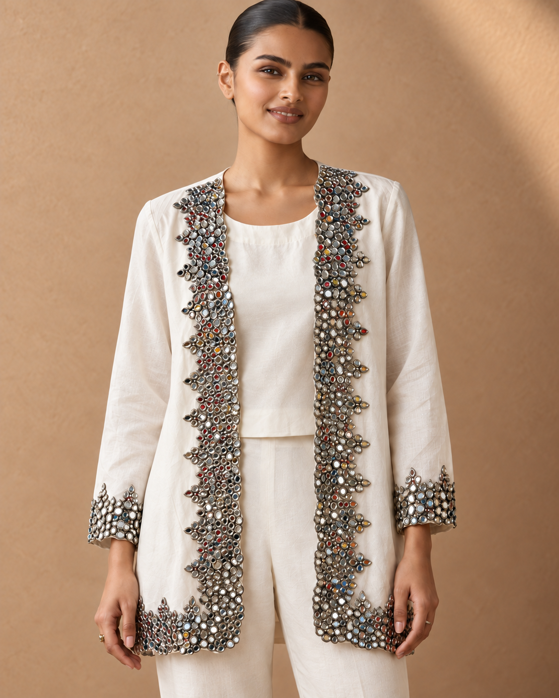 Aaina by House of Somarra — Portrait view showing the decorative jacket borders and ivory inner top.