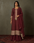Kyra by House of Somarra — Front view of the wine-coloured kurta, draped bottoms and dupatta.