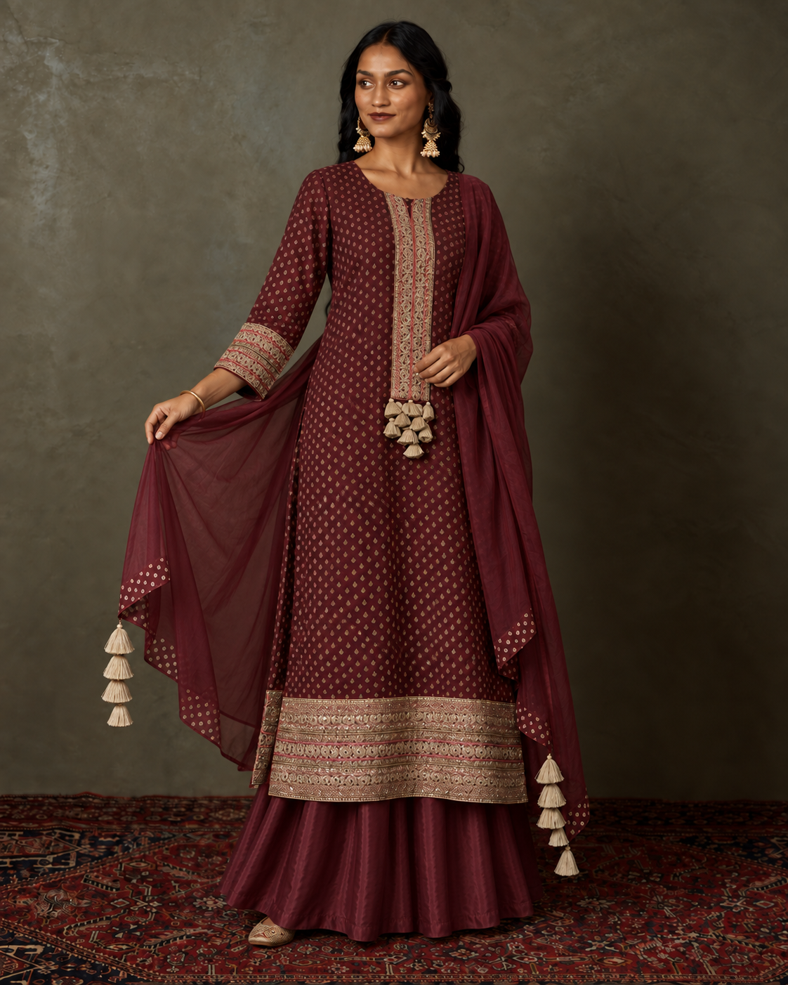 Kyra by House of Somarra — View showing the wine-coloured dupatta held open beside the kurta.