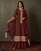 Kyra by House of Somarra — View showing the wine-coloured dupatta held open beside the kurta.