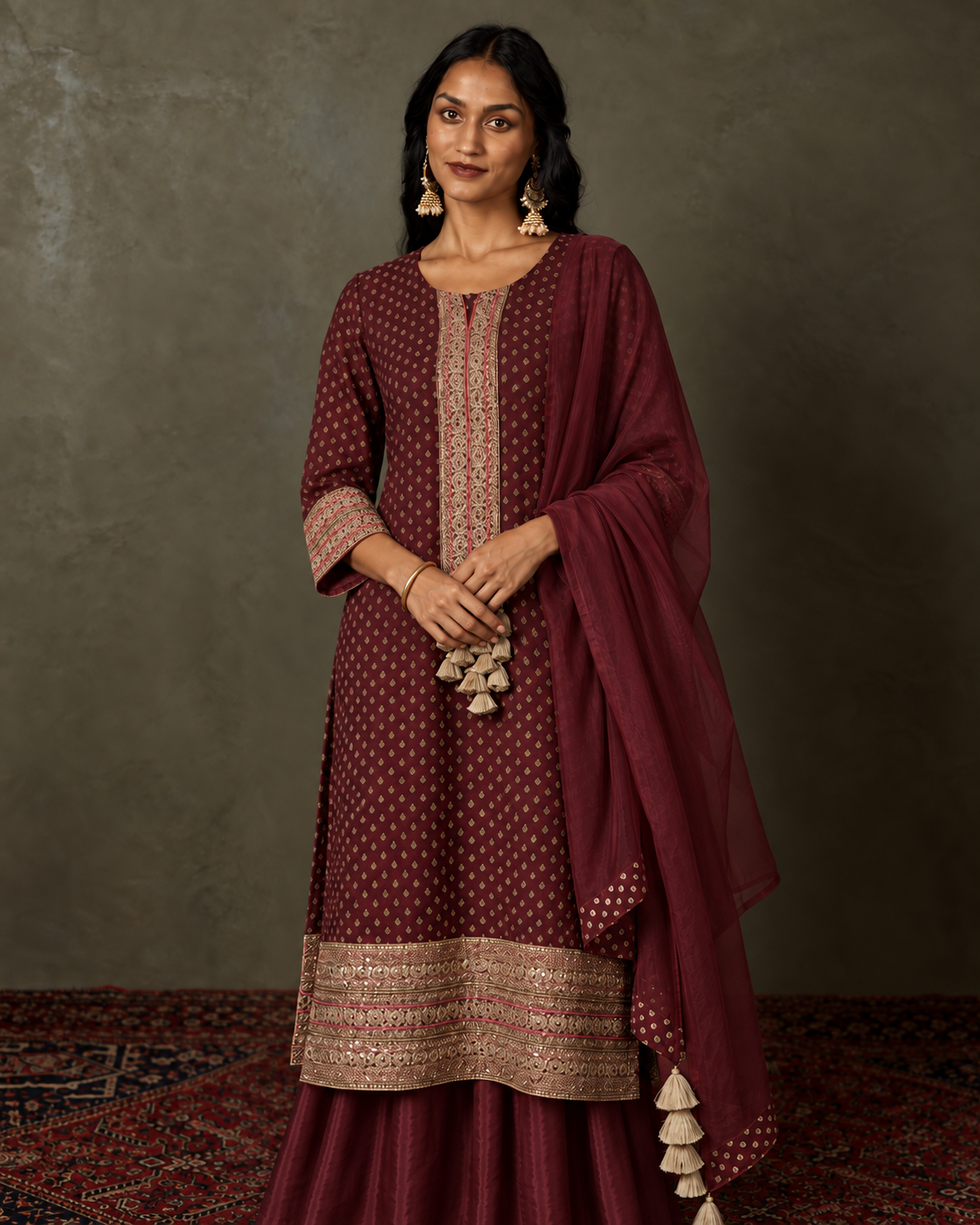 Kyra by House of Somarra — Full-length view of the kurta's broad gold-toned border and draped bottoms.