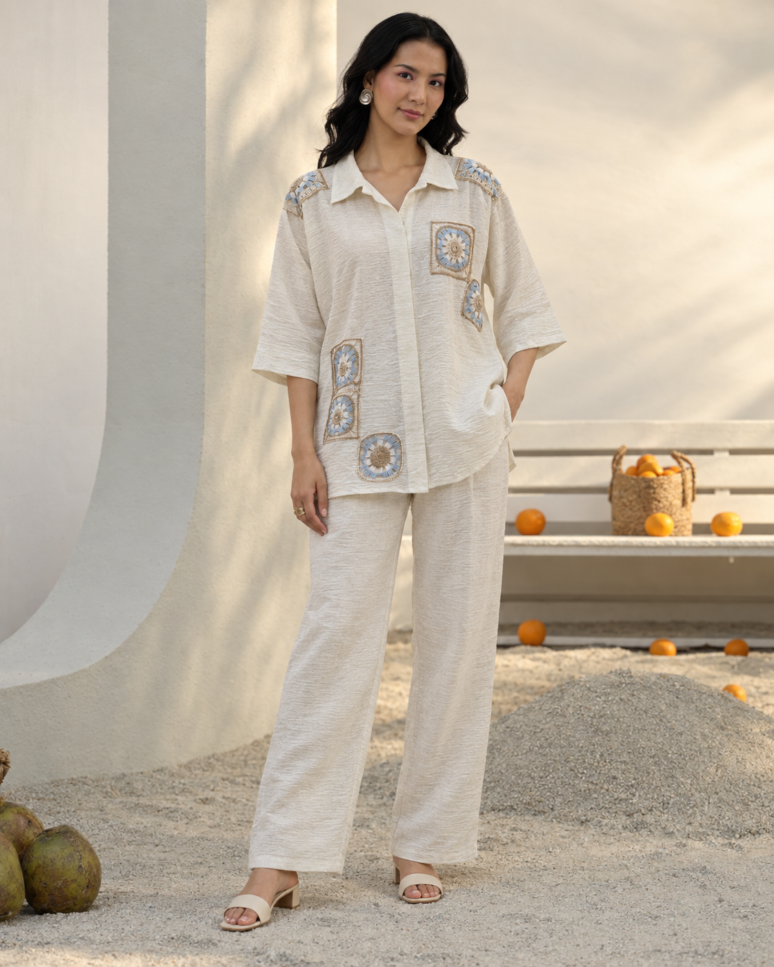 Mihira by House of Somarra — Full-length view of the cream co-ord silhouette and patterned patches.