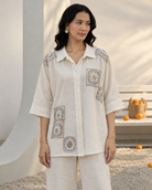 Mihira by House of Somarra — Close-up of the pointed collar and decorative square motifs.