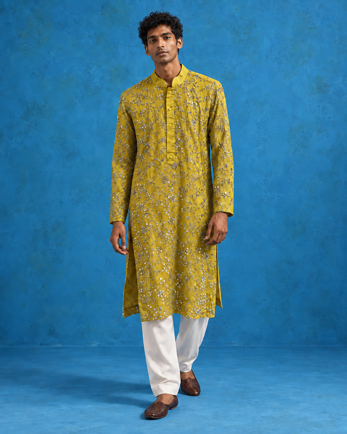 Zard: Citron Floral Embellished Men's Kurta Set — full-length view of the set.