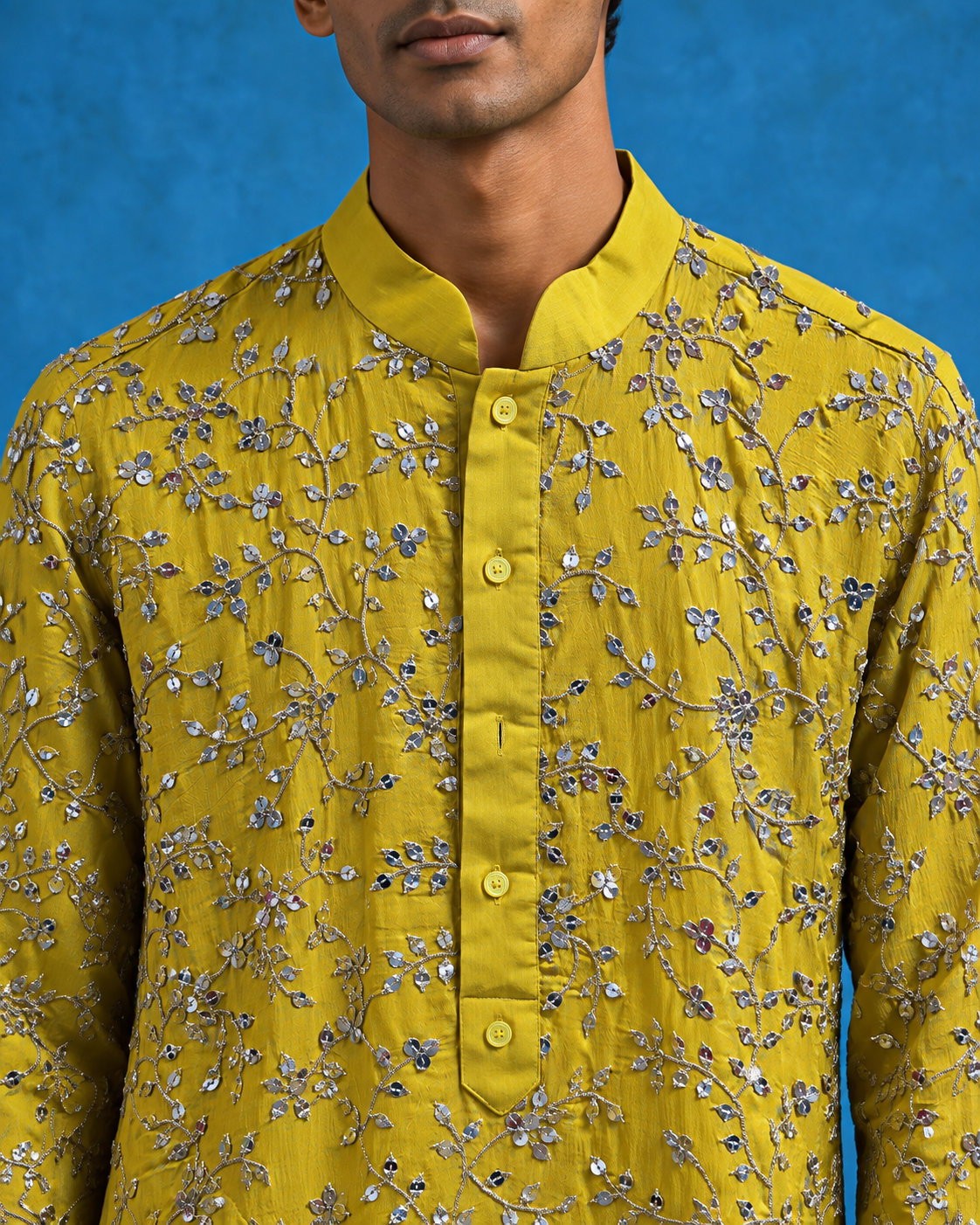 Zard: Citron Floral Embellished Men's Kurta Set — close-up of the garment details.