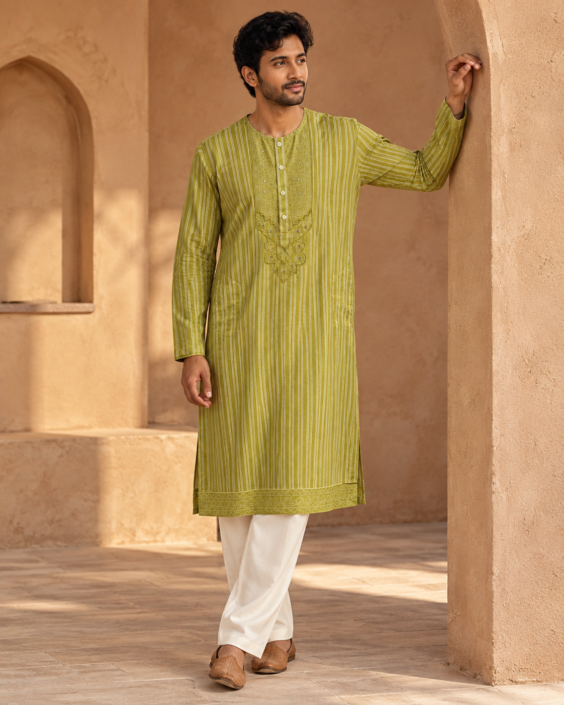Zarva: Chartreuse Stripe Yoke Men's Kurta Set — full-length view of the set.