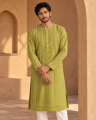 Zarva: Chartreuse Stripe Yoke Men's Kurta Set — portrait view of the kurta set.