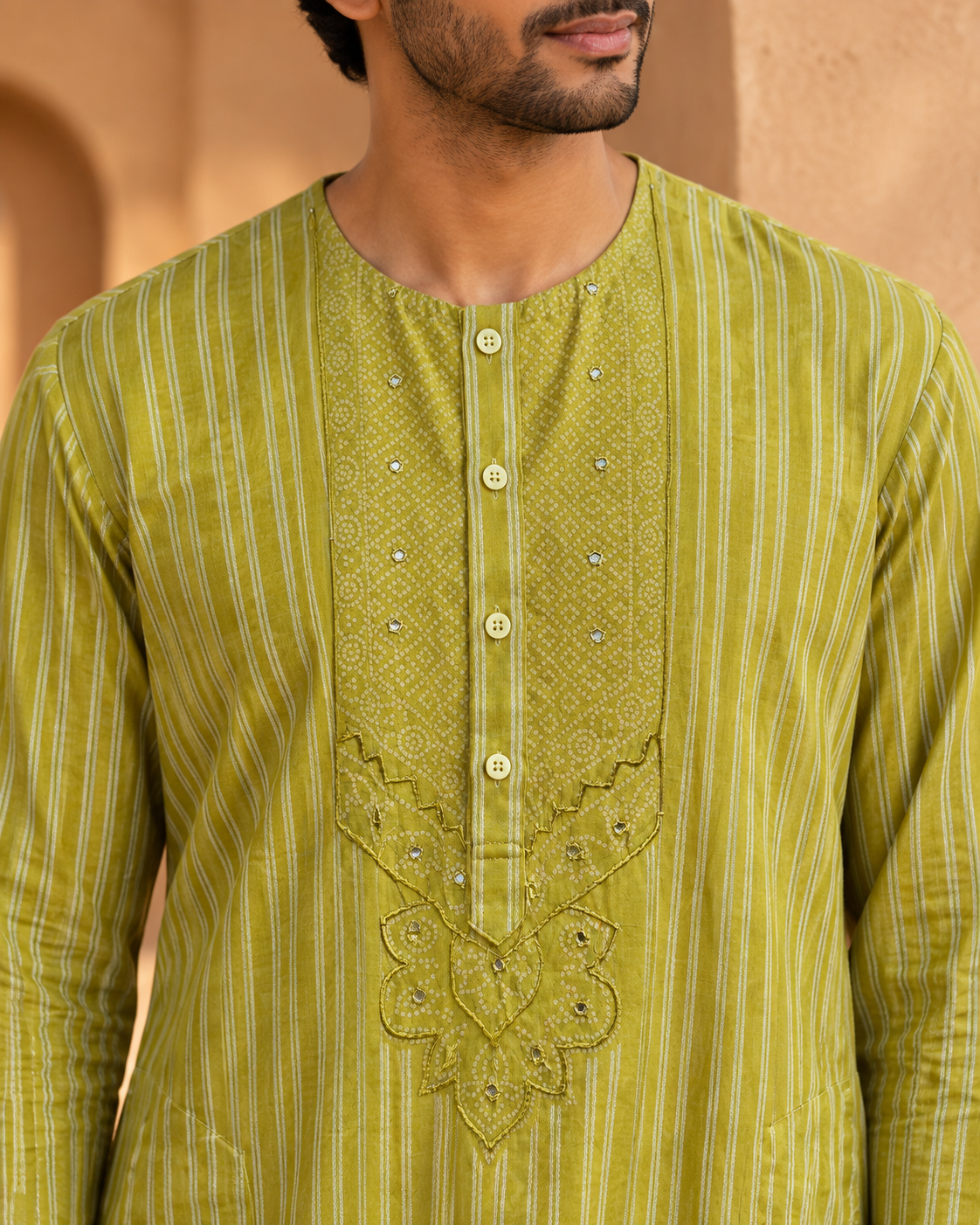 Zarva: Chartreuse Stripe Yoke Men's Kurta Set — close-up of the garment details.