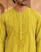 Zarva mustard-yellow kurta — close-up of the dotted yoke, cream stripes and mirror accents.